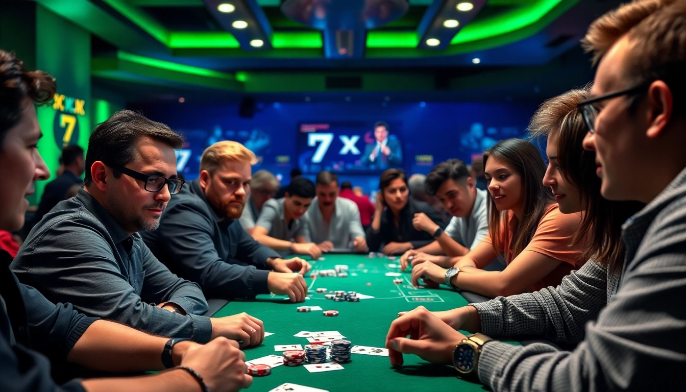 סצנת משחק פוקר אונליין מרתקת בפלטפורמת 7xl, המדגישה התרגשות וחברות.