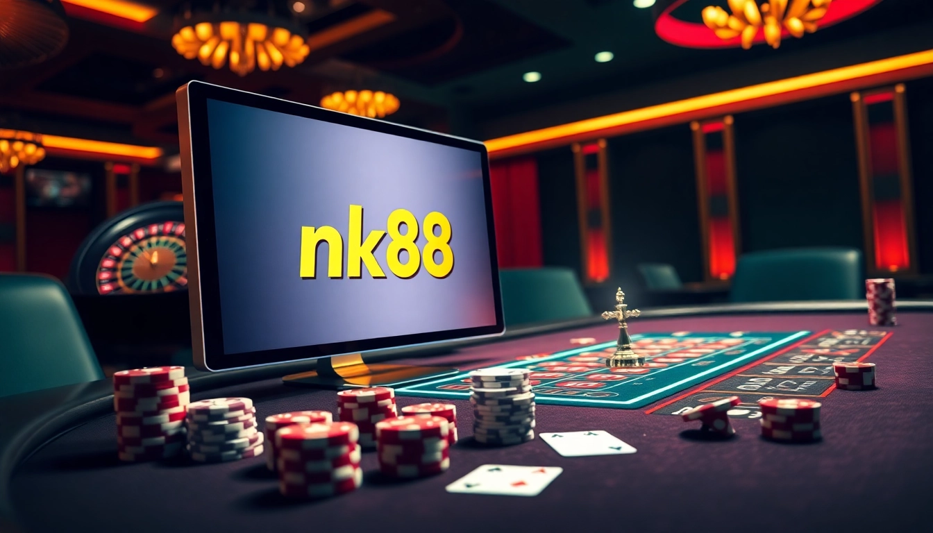 Experience the excitement of nk88 casino with vibrant poker chips and roulette wheels.
