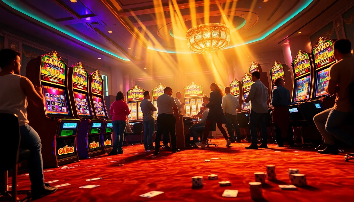 Players enjoying vibrant PGSLOT machines in a luxurious casino atmosphere filled with excitement.