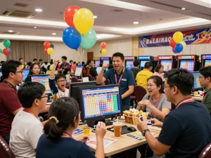 Exciting atmosphere at a lottery event showcasing keluaran togel hongkong singapore results with people celebrating.