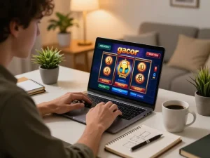 Experience slot gacor excitement while playing online in a cozy, illuminated home setup.