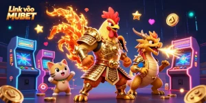 Engage with thrilling gambling action at Link vào MUBET featuring warriors and dragons in a vibrant casino scene.