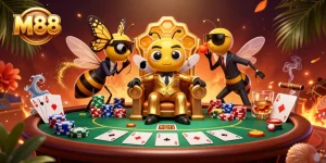 M88's vibrant poker scene animated with a bumblebee mob boss and glamorous casino elements