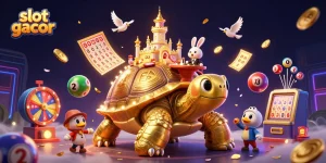 Slot gacor dengan pengalaman bermain yang menyenangkan dengan simbol jackpot dan koin emas terbang.