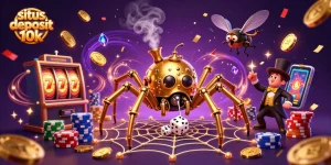 Engage with the excitement of situs deposit 10k through vibrant 3D casino illustration featuring a golden spider and animated slot machines.