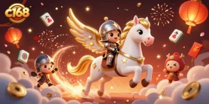 Experience the excitement of c168 with a celestial horse and knight amidst festive gambling elements.