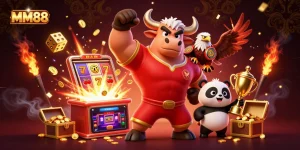 Experience the thrill of MM88 with exciting gaming elements and a dynamic trio celebrating victory!