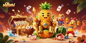 Sarathi's vibrant beach casino scene features a golden pineapple king surrounded by colorful slot elements and a whimsical atmosphere.