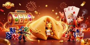Recruit for big wins at a vibrant casino scene featuring golden fortune cookies and dynamic slot games.