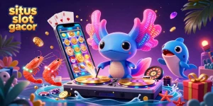 Experience the thrill of situs slot gacor with a neon axolotl DJ and vibrant underwater casino scene.