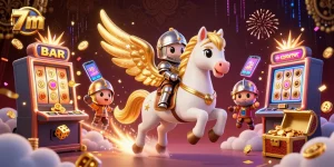 Experience the thrilling world of 7m as the lucky knight rides a mystical horse, celebrating wins with coins and game symbols.