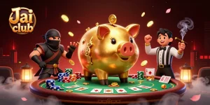 Engage in excitement with Jai club as a golden piggy bank sumo wrestler battles in a vibrant poker scene.