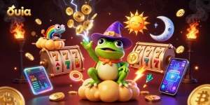 Engage with ouia's dynamic gaming world through vibrant 3D illustrations filled with slot action and cryptocurrency.