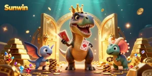 Engage with Sunwin's dynamic casino action featuring a playful T-Rex, card games, and stacked chips.