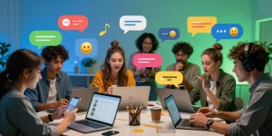 Engaging online chat interaction showing diverse users in a vibrant شات فله environment, conveying social connection.