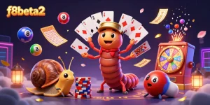 Experience the vibrant excitement of f8beta2 with a lively 3D casino scene featuring a millipede dealer and high roller.