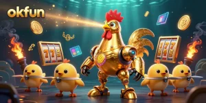 Engage in thrilling gameplay at okfun with dynamic slot games, colorful coins, and a futuristic theme.