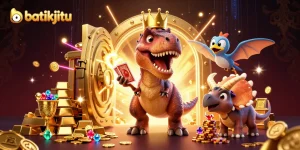 Batikjitu menampilkan T-Rex ramah sedang mencoba mengocok kartu dengan bantuan pterodactyl dan triceratops kecil.